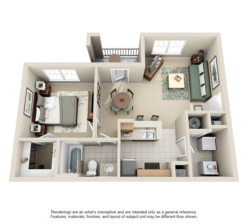 Floor plan for 1 bed, 1 bath, 686 sqft